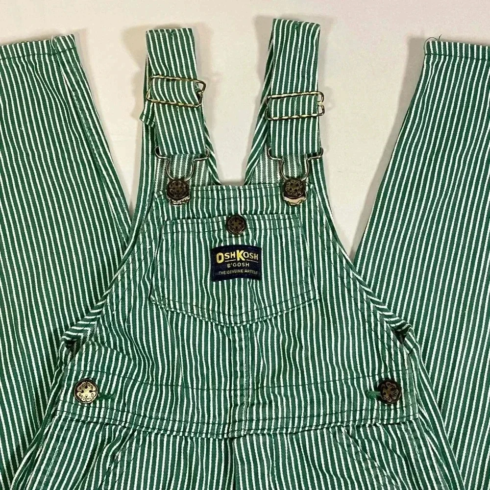 Vintage 80s 90s Osh Kosh Bgosh Green Railroad Striped Bib Overalls Kids Size 4